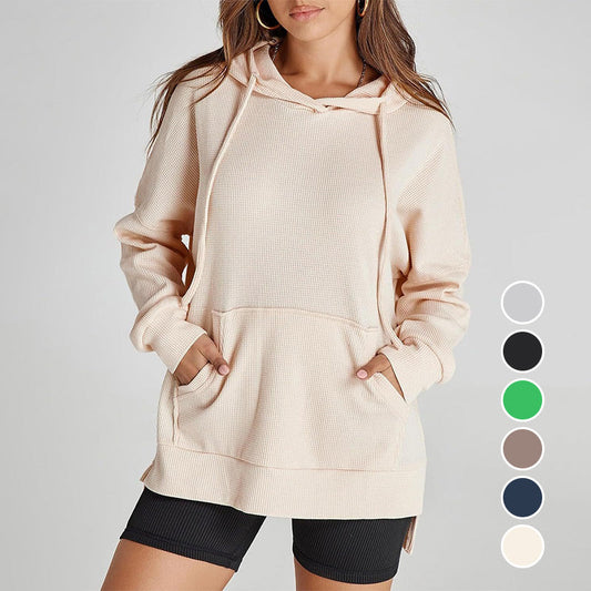 Women's Casual Long Sleeve Waffle Knit Hoodie with Side Slits